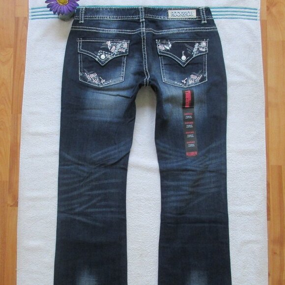New ROCK & ROLL Cowgirl Jeans Size 33 Low Rise Dark Blue Bootcut Denim - Picture 7 of 12